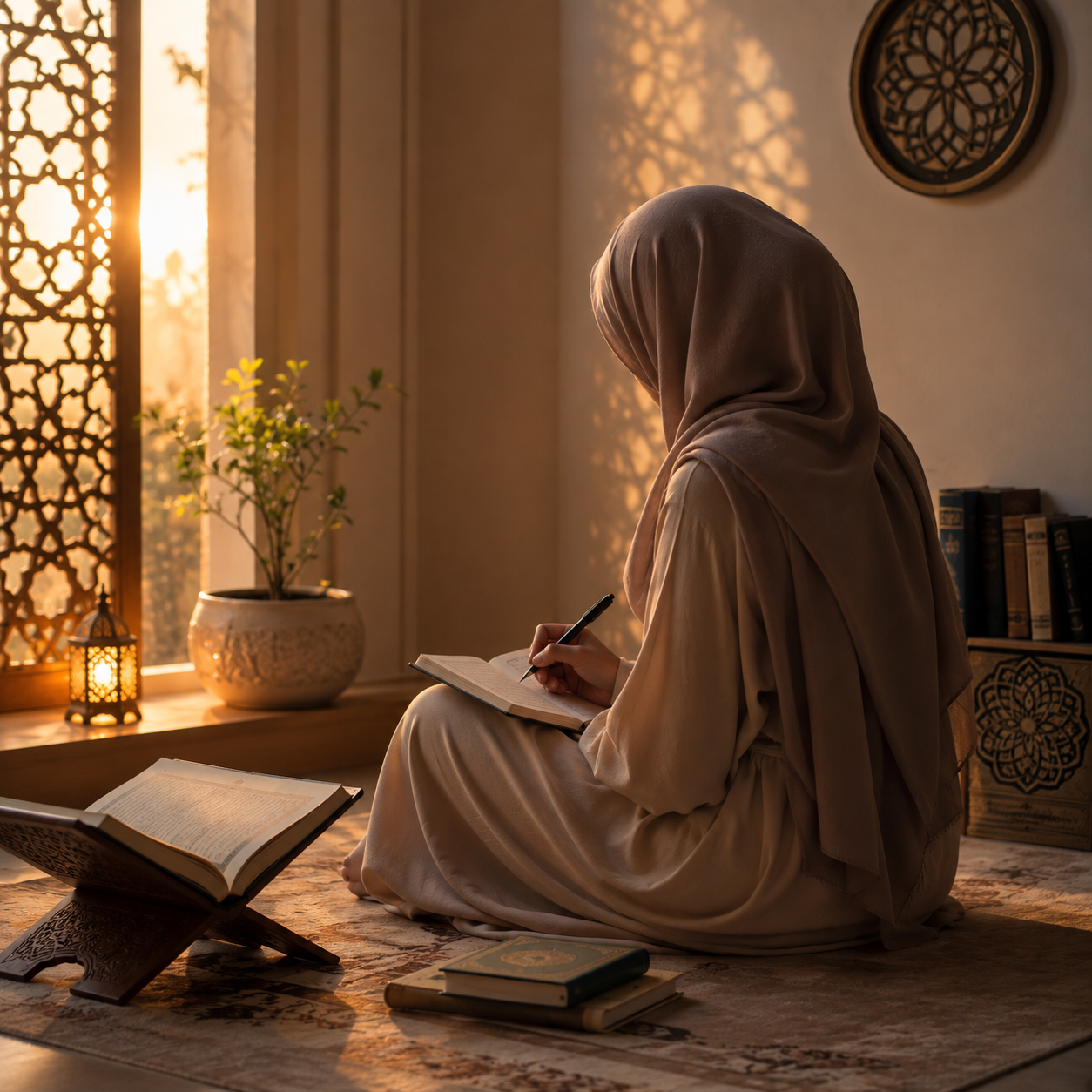 A woman writing in a journal on a patterned rug at sunset beside a Quran on a wooden stand