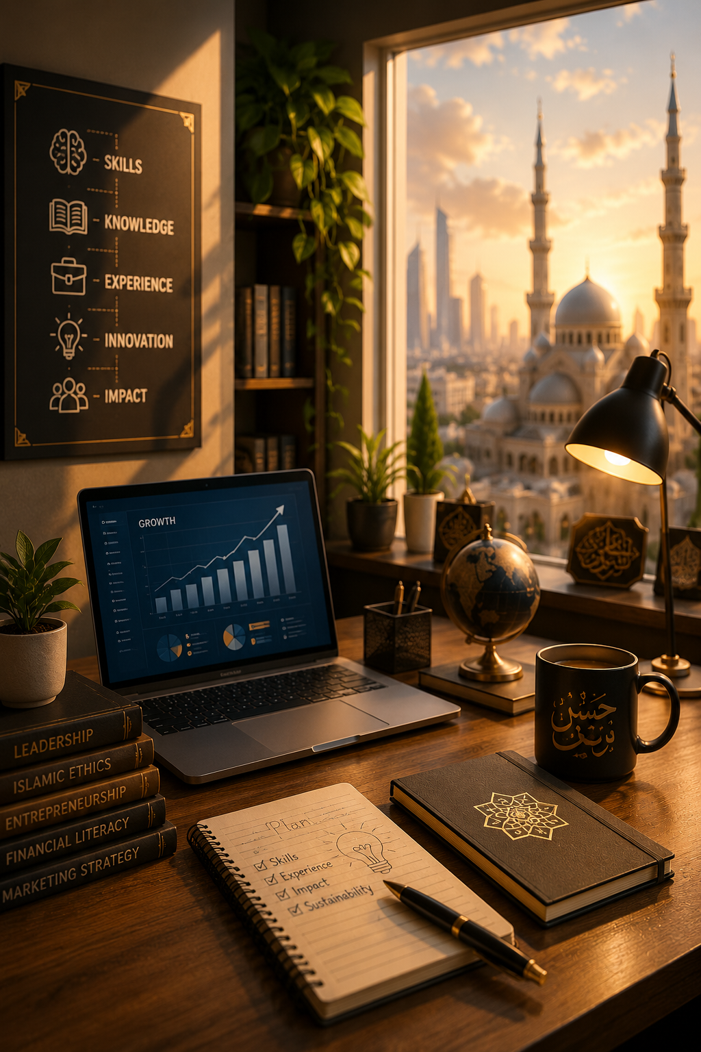 Study desk with a laptop showing growth charts, business books and a mosque skyline view