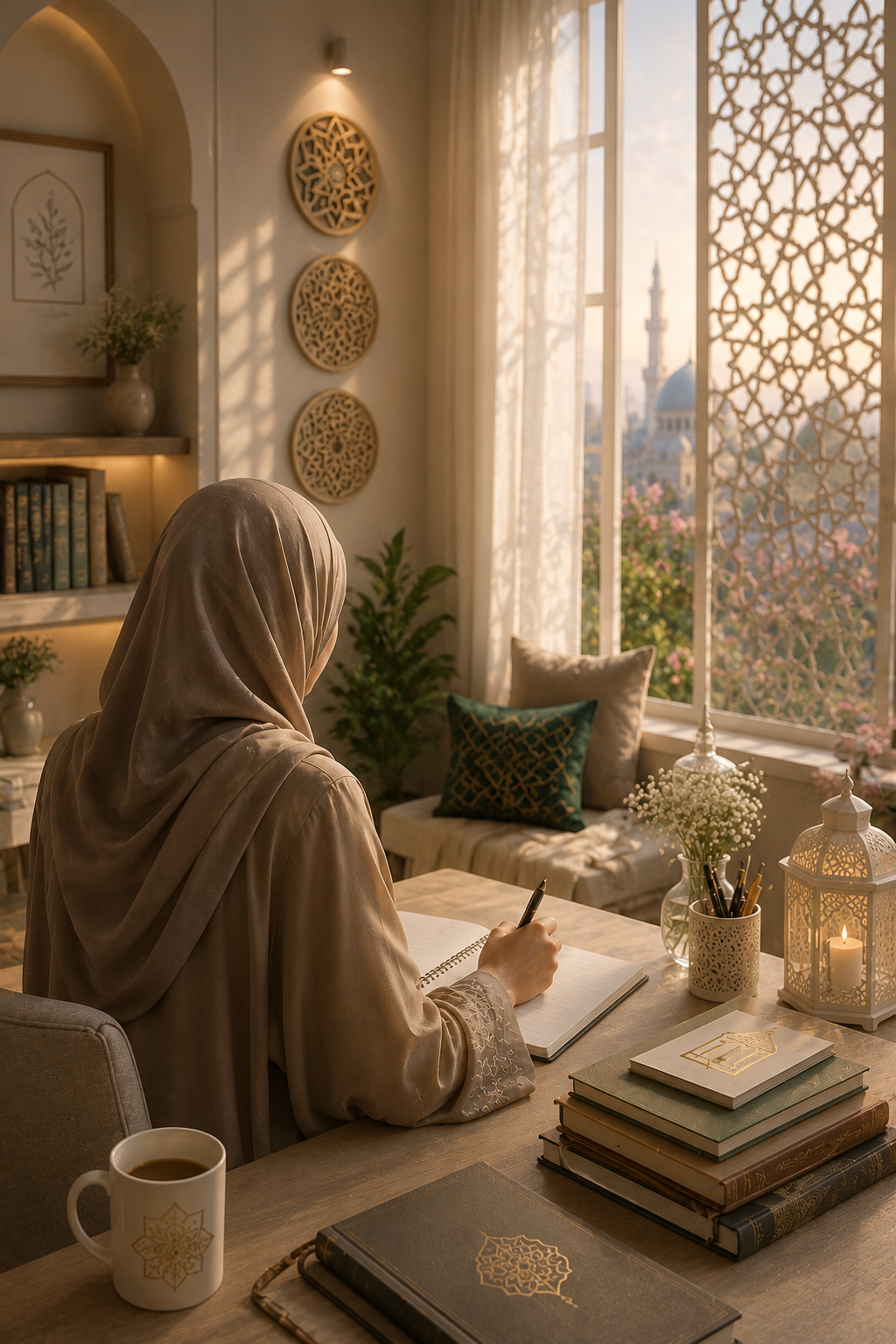 A woman writing in a notebook at a sunlit desk with geometric screens and Islamic books