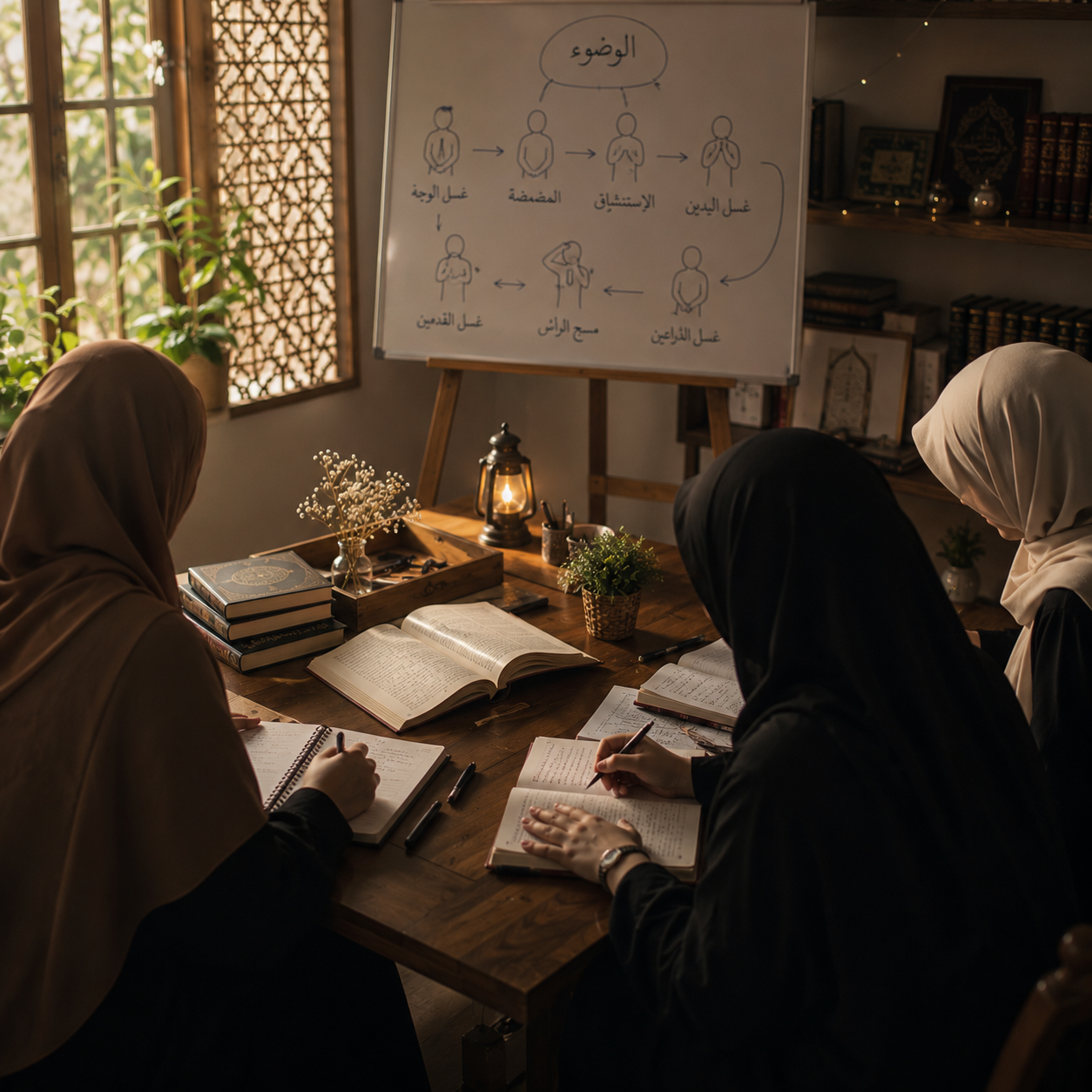 Students taking notes around a wooden table while an Arabic diagram of wudu is explained on a whiteboard