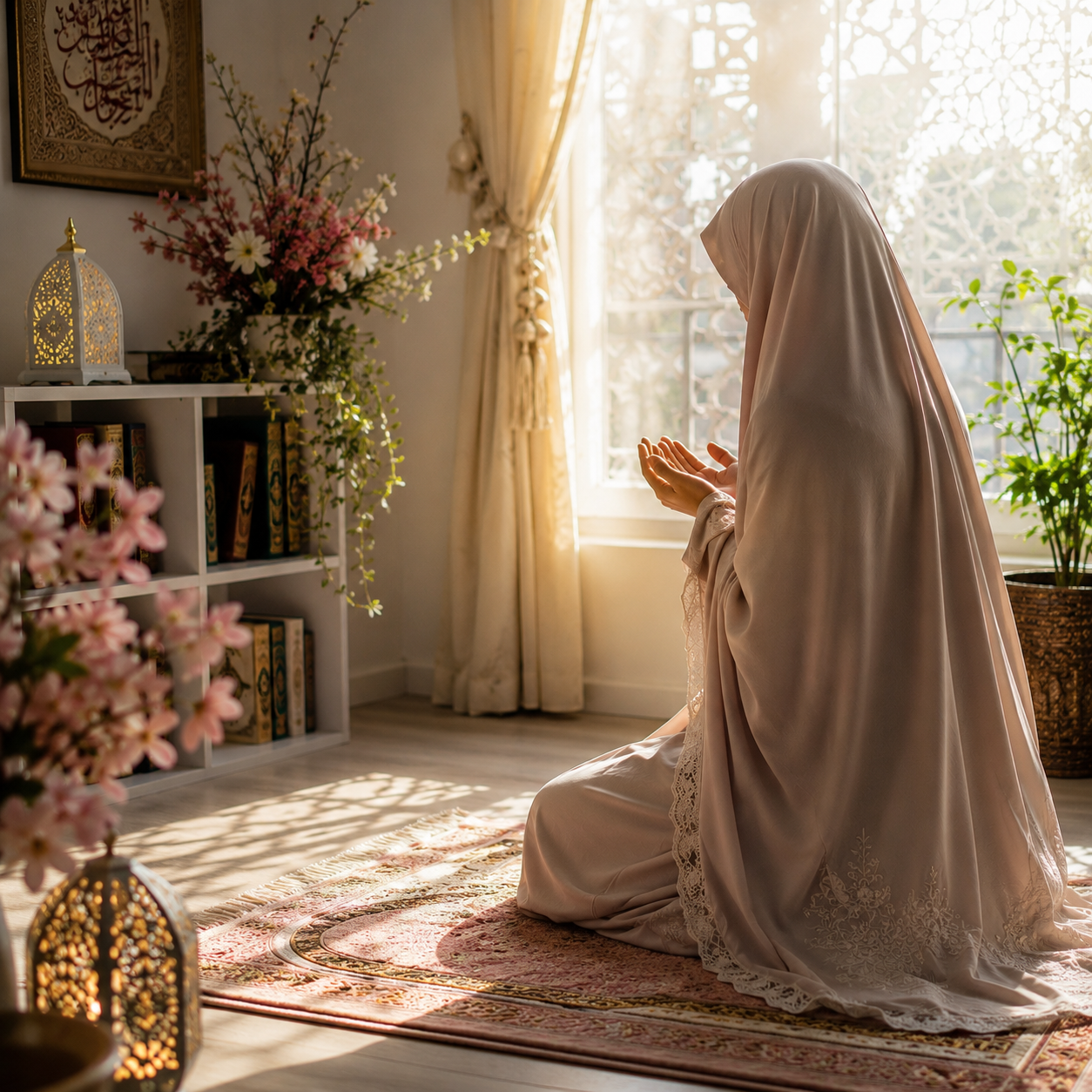 A woman making dua on a prayer rug in a sunlit room with a bookshelf of Islamic books