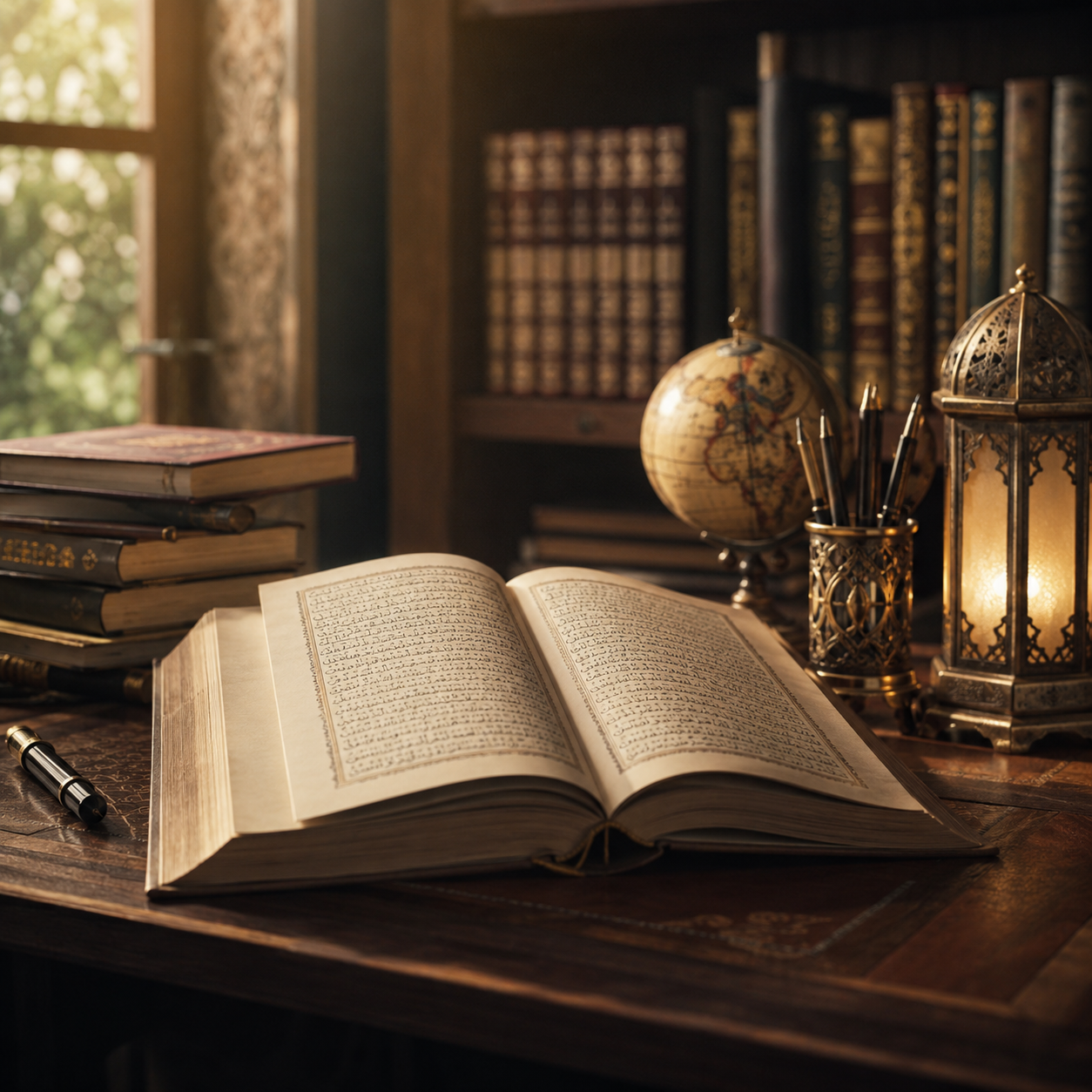 An open classical Islamic book on a wooden desk beside stacked volumes, a globe and a brass lantern