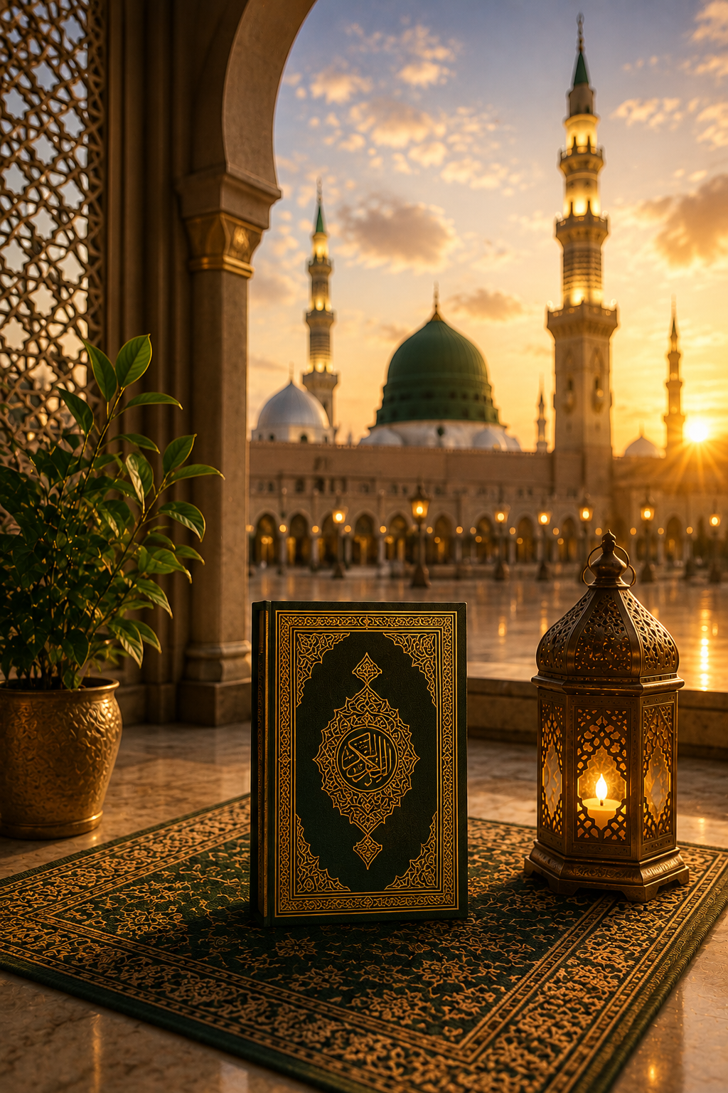 Illuminated Quran and brass lantern on a patterned rug before an arched courtyard at sunset