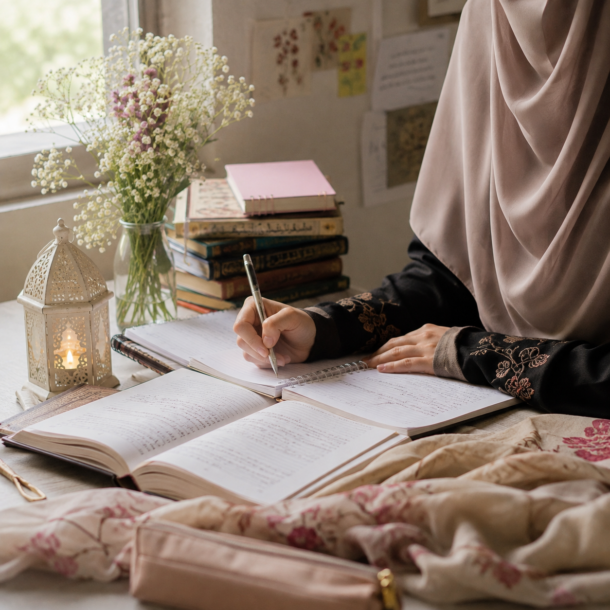A student writing notes from an open Islamic text beside a lantern and flowers at a sunlit desk