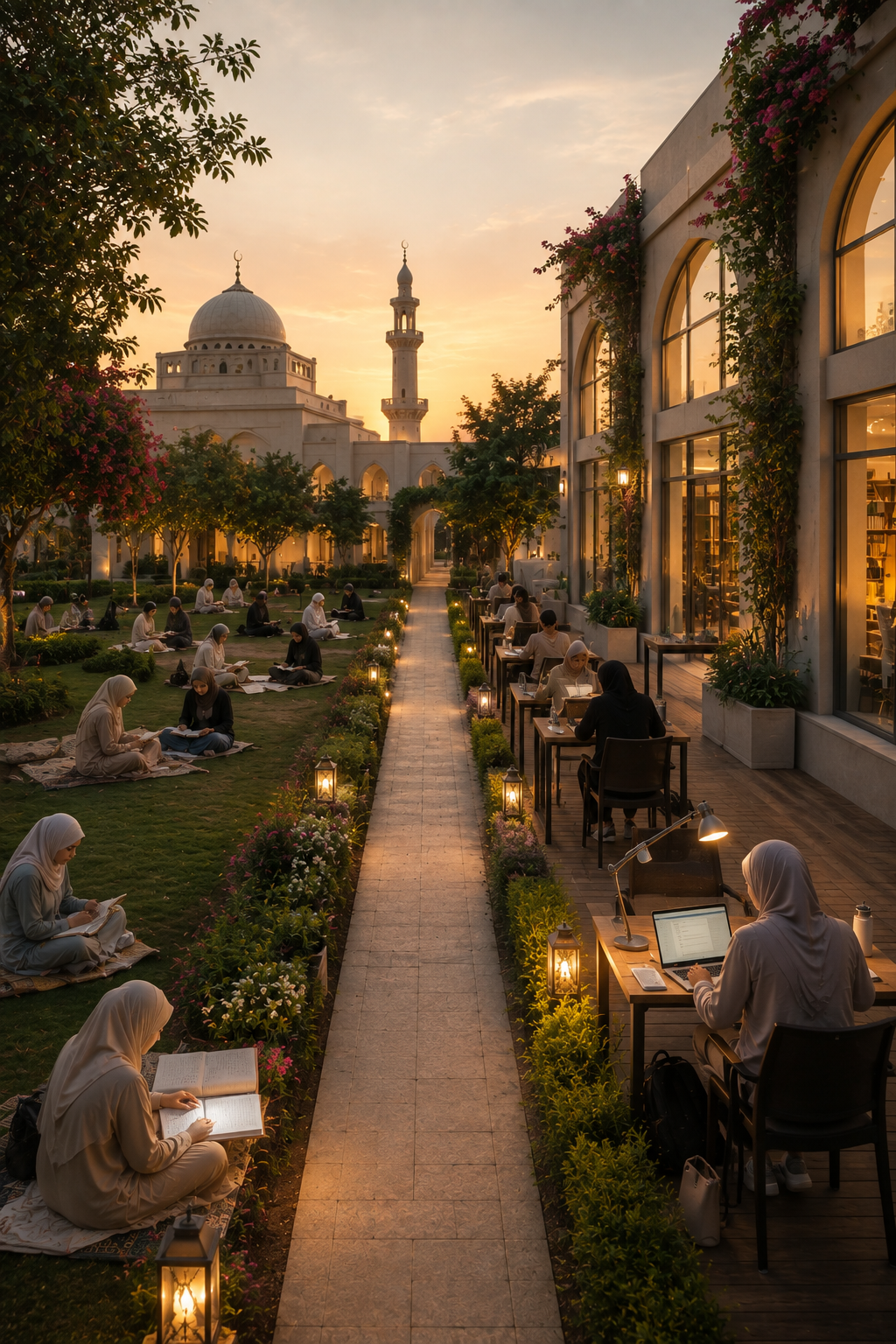 Students studying in a garden courtyard beside a mosque and a lit library at golden hour