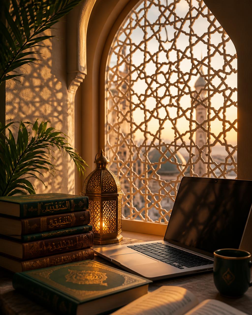 Golden-hour view through an arched window with geometric latticework, stacked Islamic books, a brass lantern and an open laptop