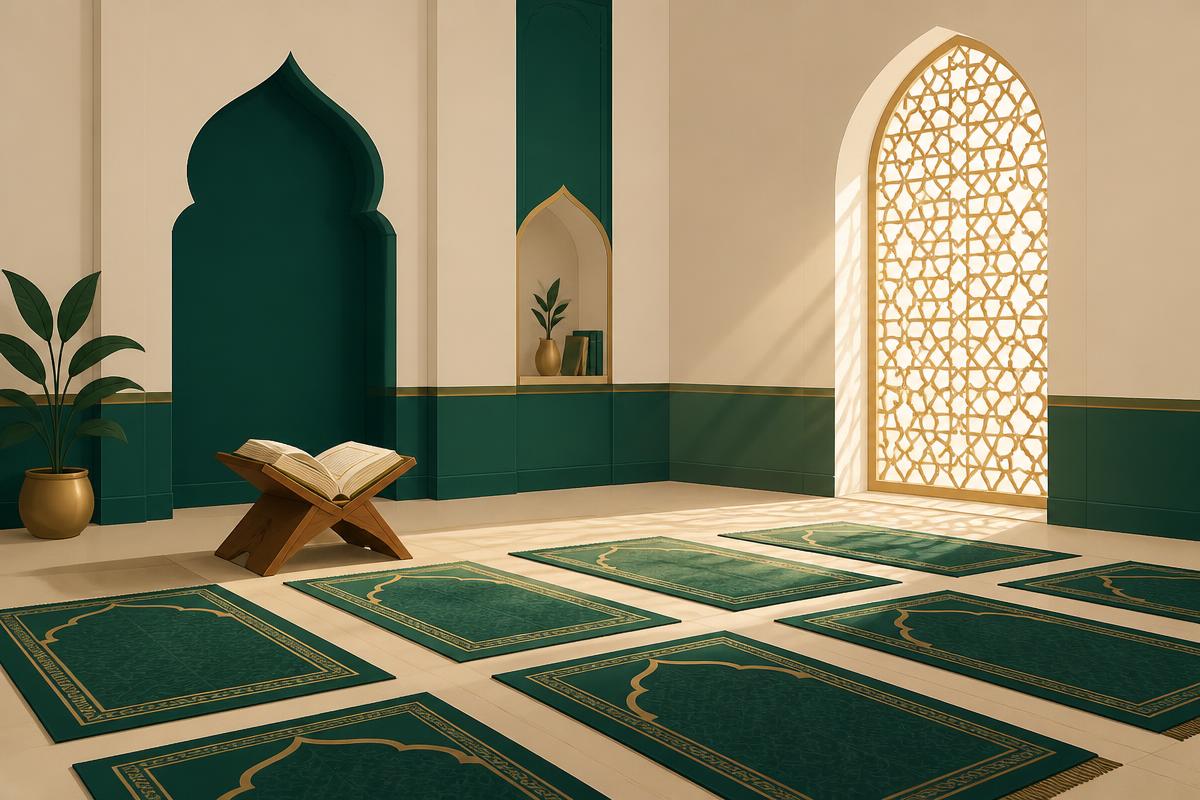 Illustration of a quiet teaching space with prayer mats and an open Quran