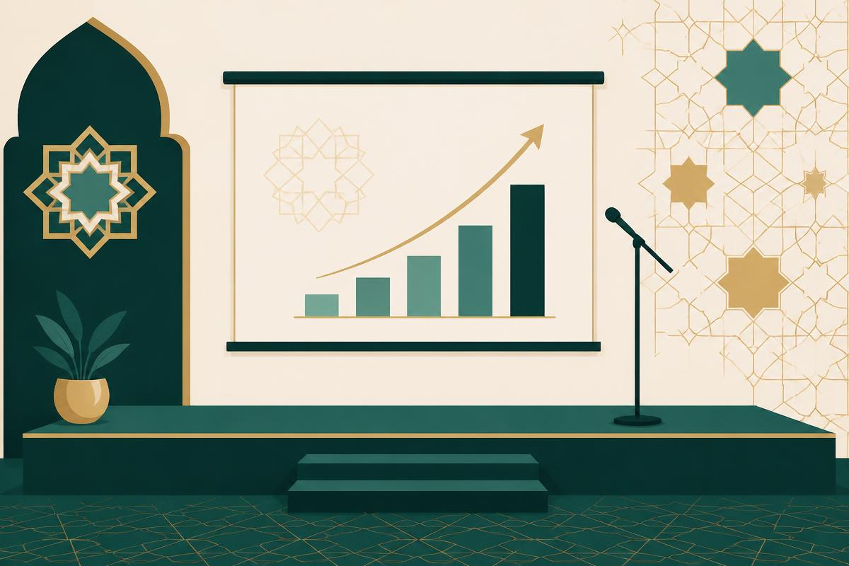 Illustration of a presentation stage with a rising chart and geometric motifs