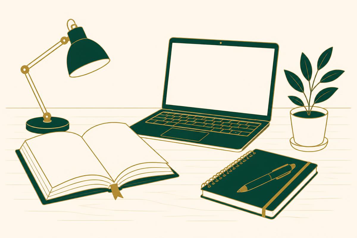 Illustration of a calm study desk with an open book and lantern
